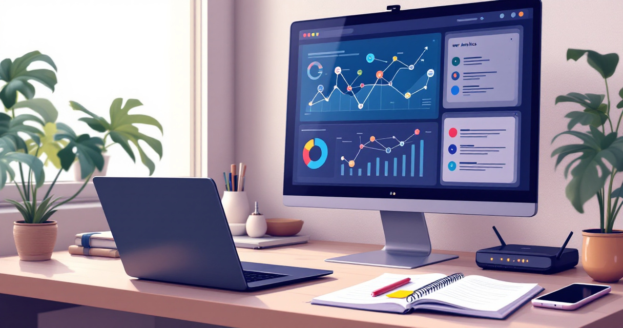Over-the-shoulder analytics setup scene with charts and green accent illustrating referral tracking configuration
