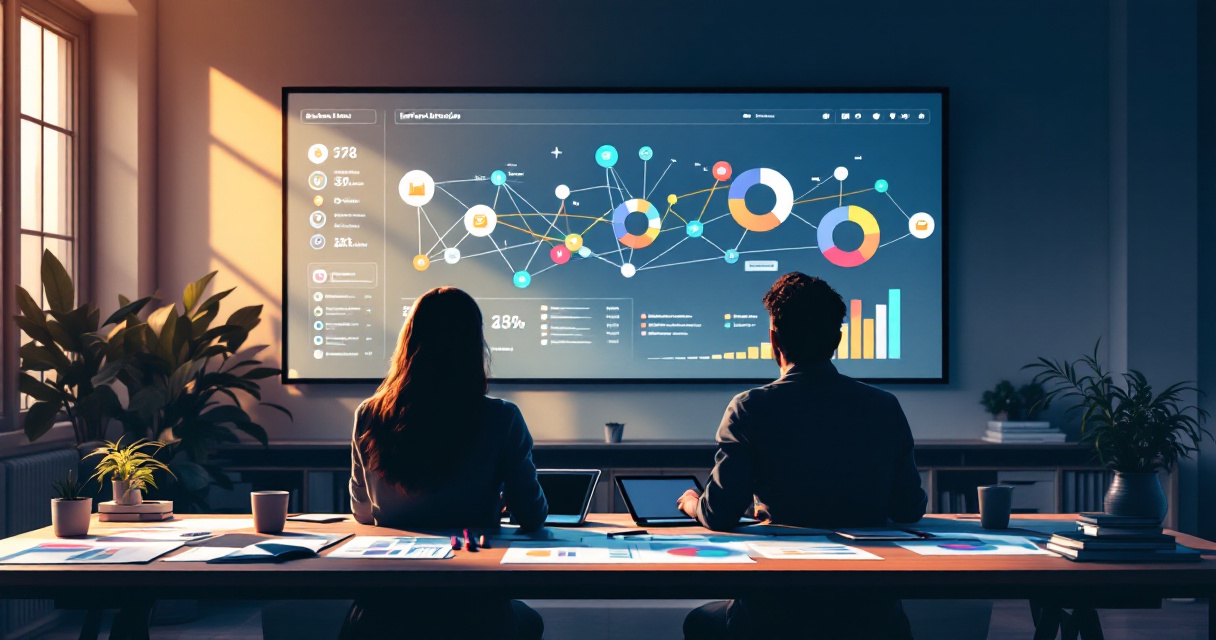 Marketing team reviewing visual referral attribution dashboard with connected traffic sources and green highlights