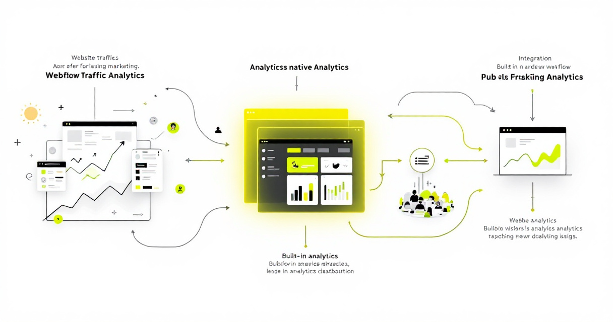 Infographic-style illustration showing Webflow website analytics tracking, integrations, dashboards, and privacy-safe data analysis flow