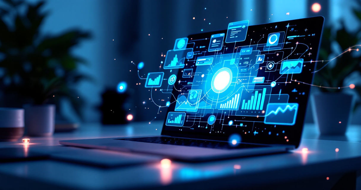 Abstract activation of website analytics on a laptop with glowing data nodes and green growth signals