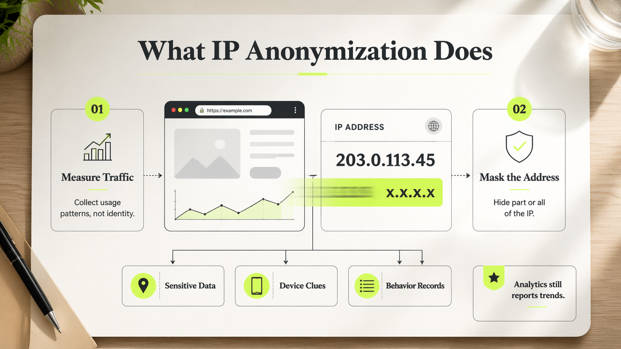 Infographic showing how IP anonymization masks addresses while preserving web analytics trends.