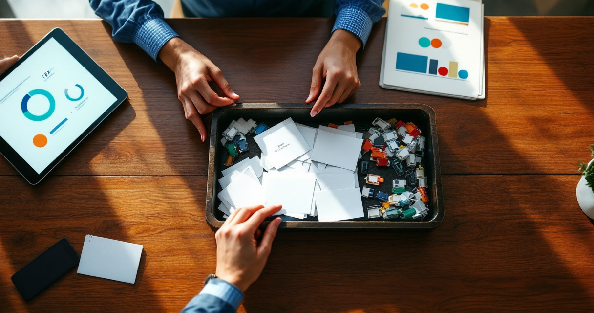 Hands sorting raw leads from qualified opportunities using visual scoring markers