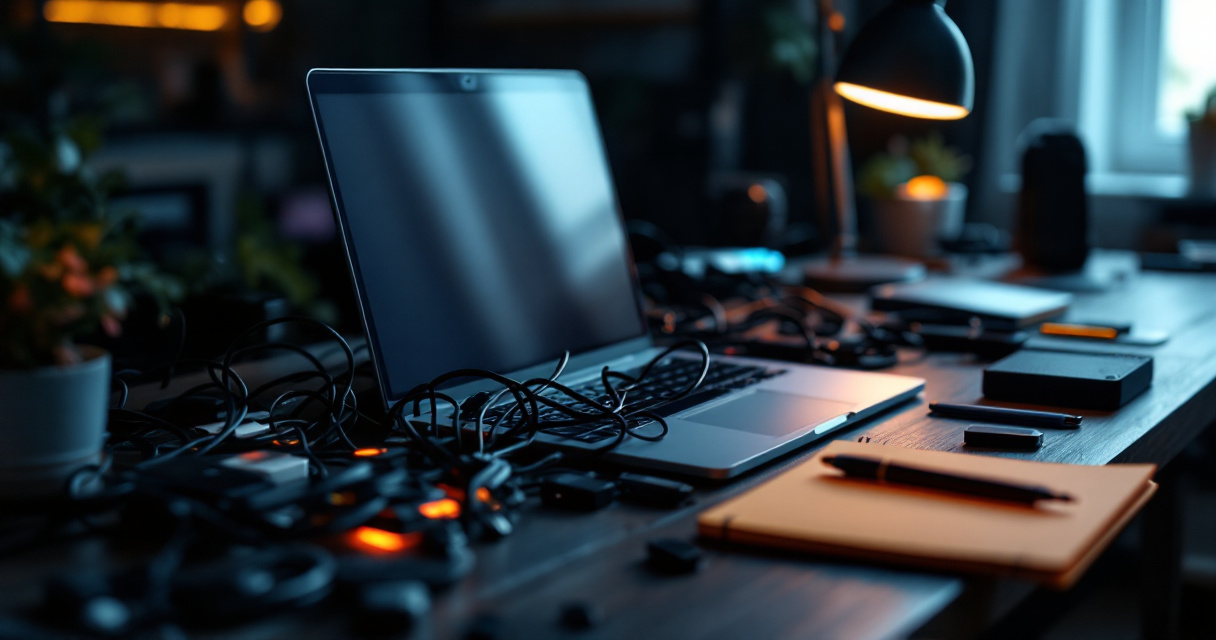 Overloaded laptop with tangled adapters and devices symbolizing heavy analytics scripts slowing a website