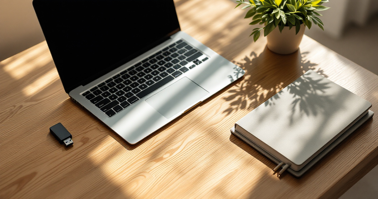 Minimalist desk with simple tools and neon notebook representing lightweight privacy focused analytics