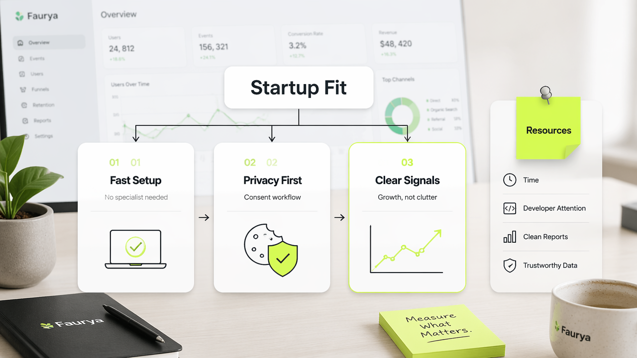 Infographic on startup analytics fit, privacy, setup time, and growth signals.