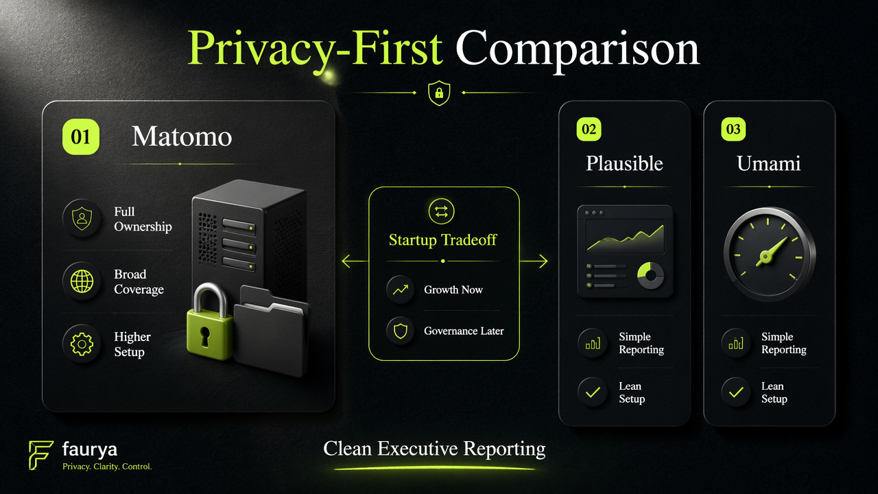 Side-by-side comparison of Matomo, Plausible, and Umami for startup analytics.