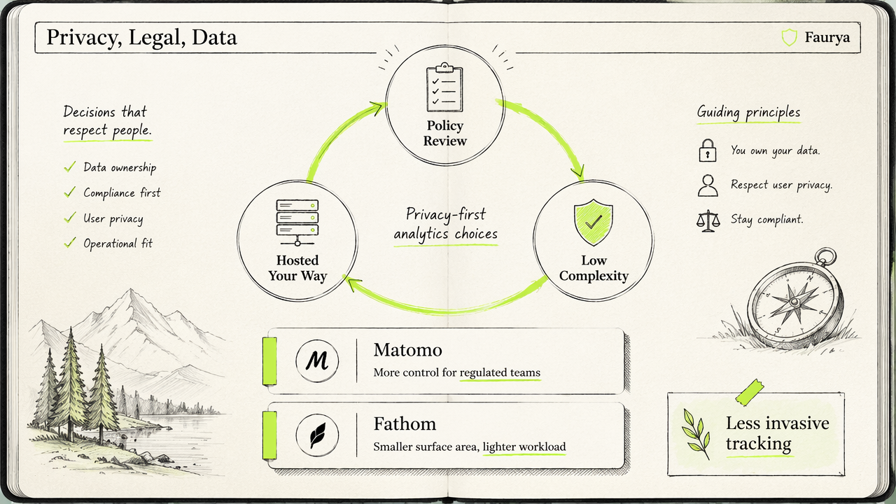 Annotated privacy and data ownership diagram comparing Matomo and Fathom.