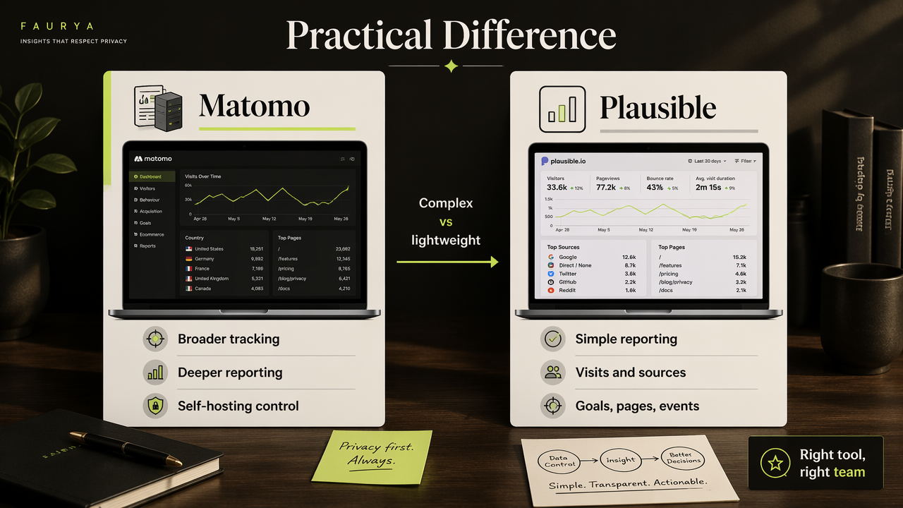 Comparison infographic showing Matomo’s deeper analytics versus Plausible’s simpler reporting.