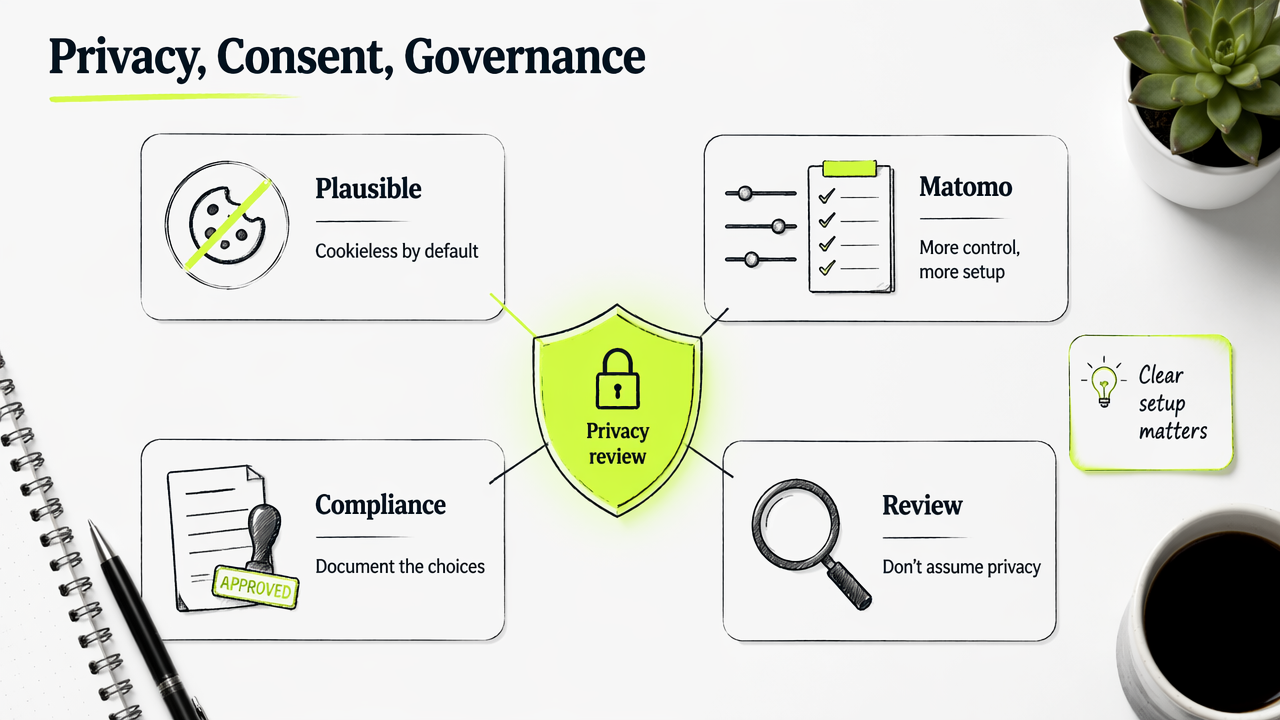 Annotated privacy workflow diagram contrasting cookieless defaults with configurable governance.