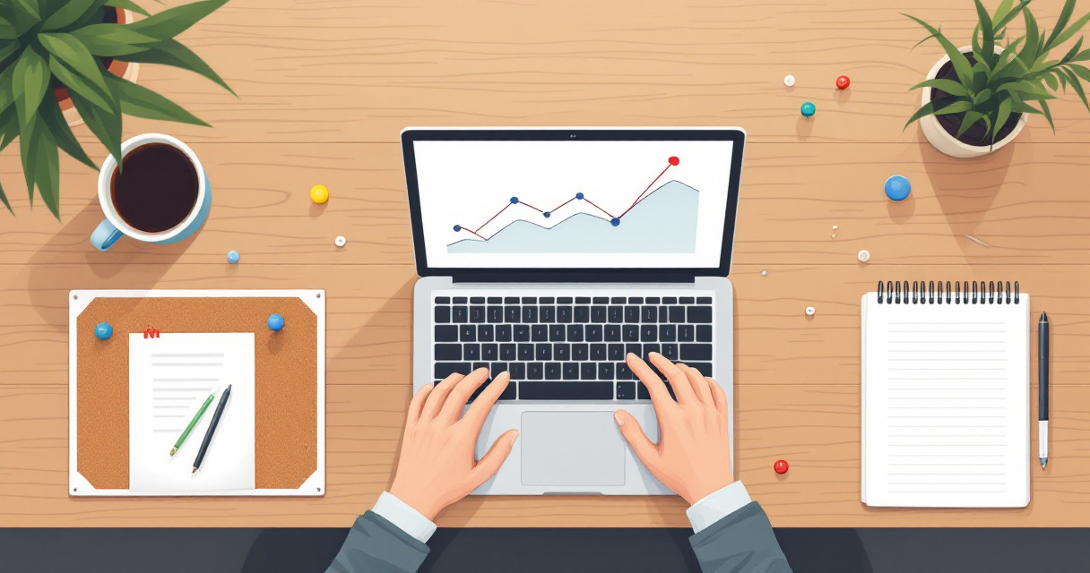 Hands arranging small progress markers beside a laptop showing rising analytics graphs on a desk