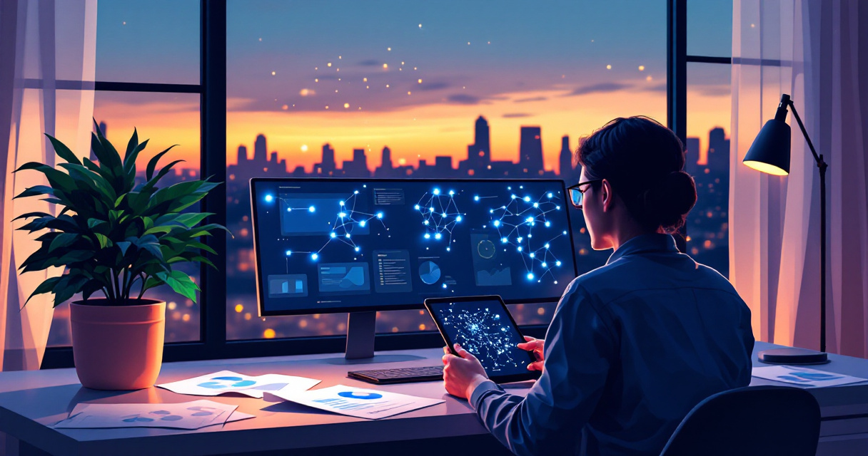 Tablet and laptop showing clustered data patterns as someone explores emerging research trends