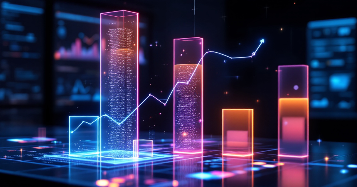 Abstract analytics dashboard with glowing benchmark-style data pillars representing newsletter signup conversion performance