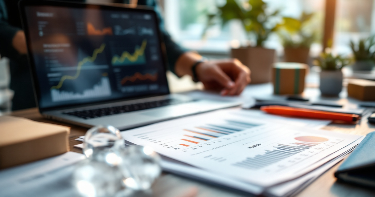 Outcome-focused marketing desk with analytics charts and meaningful conversion objects