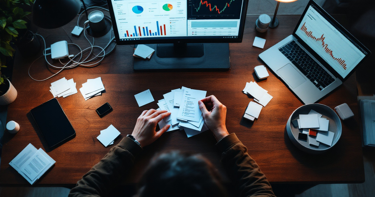 Hands auditing messy analytics inputs across multiple devices before channel evaluation