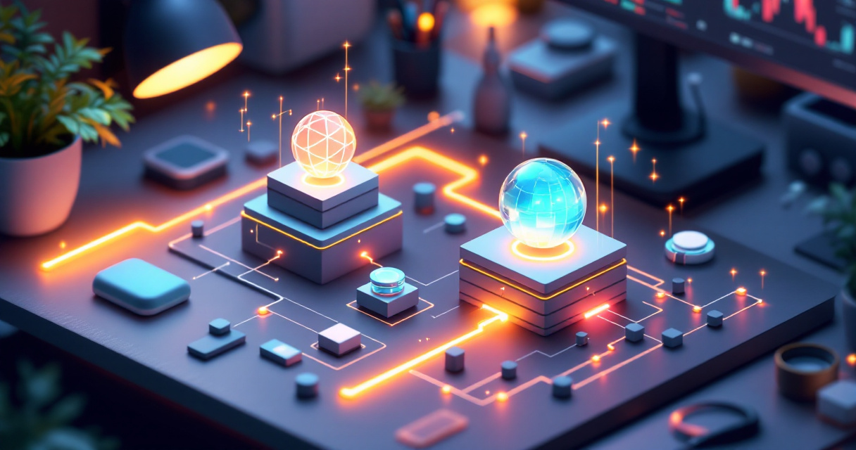 Founder assembling modular analytics pipeline step by step in a modern startup workspace