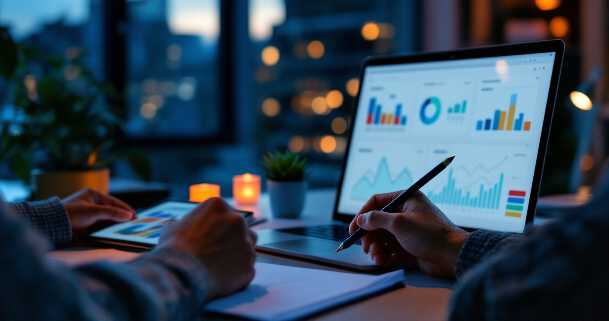 Hands reviewing visual analytics dashboards to evaluate healthy newsletter traffic performance