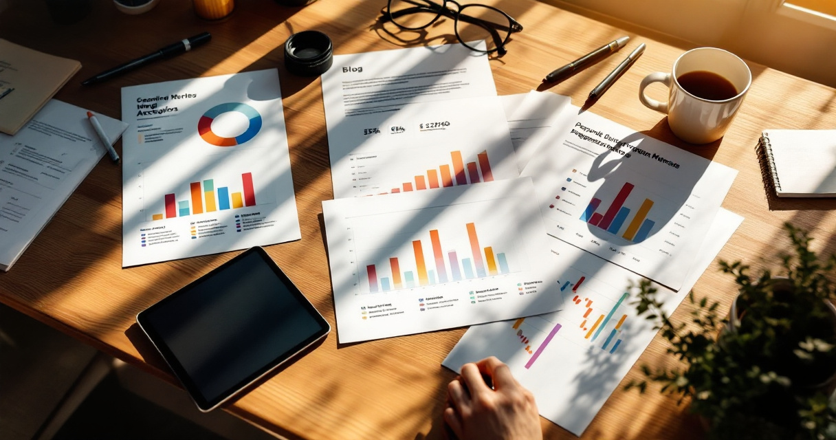 Overhead desk with article page mockups and highlighted analytics chart showing standout content performance