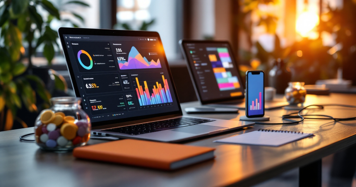 Startup workspace comparing multiple analytics tools across devices with jars representing pricing tiers