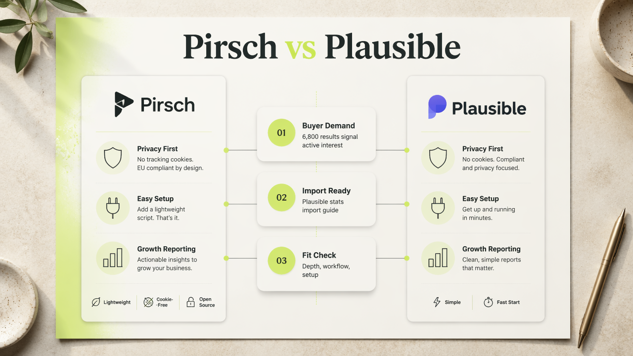 Comparison infographic of Pirsch and Plausible showing privacy, setup, and migration differences.