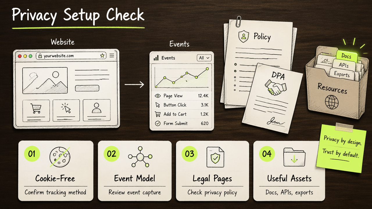 Annotated setup diagram showing cookie-free tracking, privacy policy, DPA, and analytics resources.