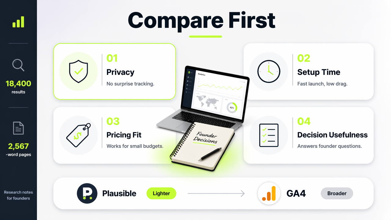 Founder-focused analytics comparison board with privacy, setup time, pricing, and usefulness.