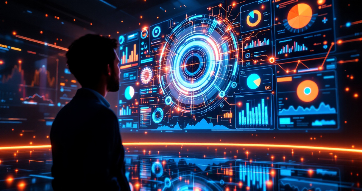 Immersive analytics dashboard visualization with glowing charts and data flows for website insights