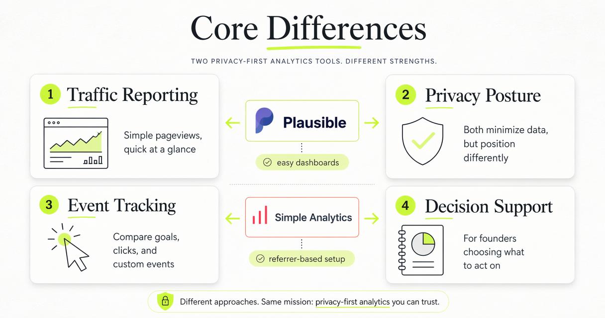 Editorial comparison diagram of Plausible and Simple Analytics core differences.