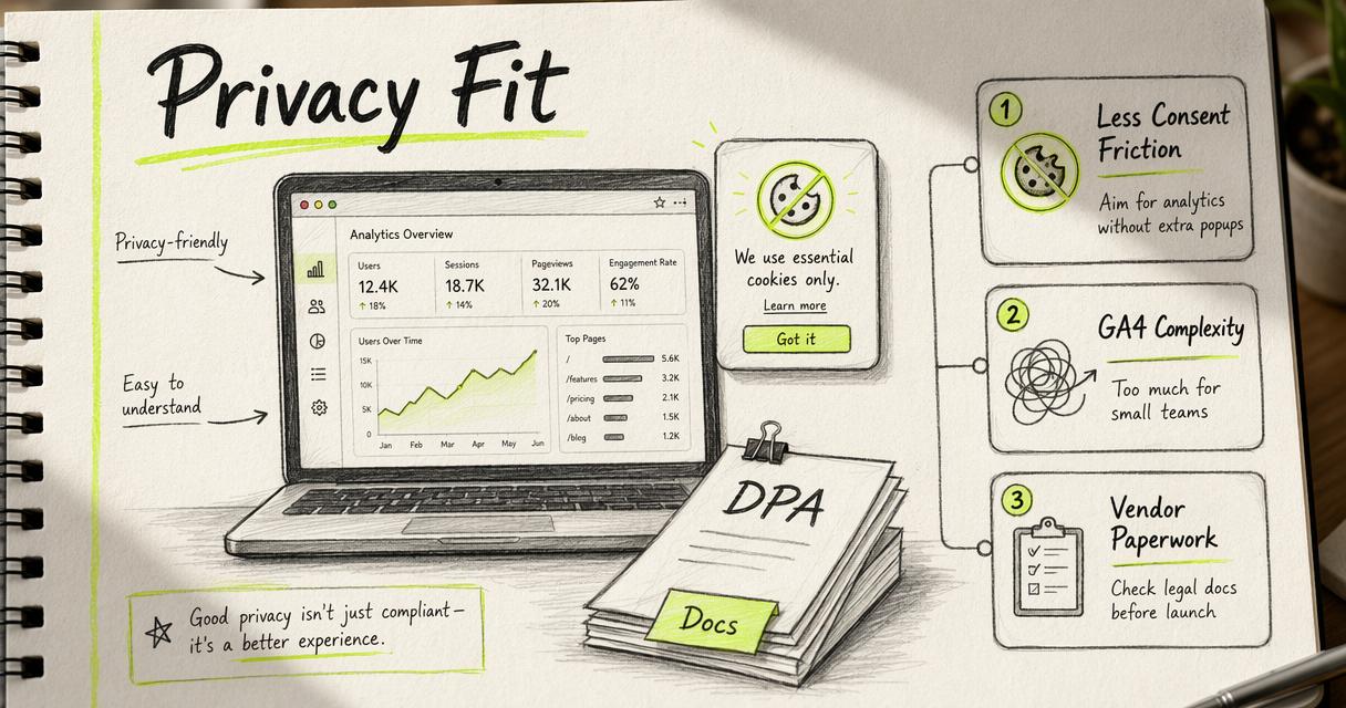 Annotated privacy compliance diagram with cookies, documents, and analytics dashboard.