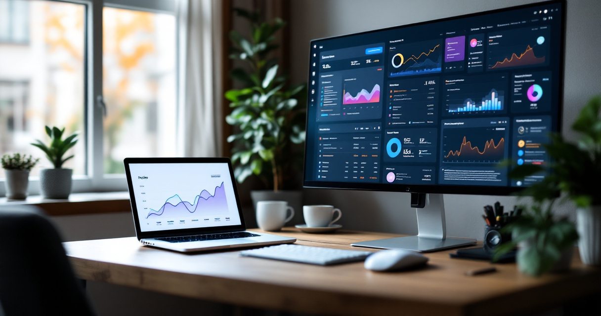 Split SaaS workspace showing simple web analytics beside deeper product analytics dashboards
