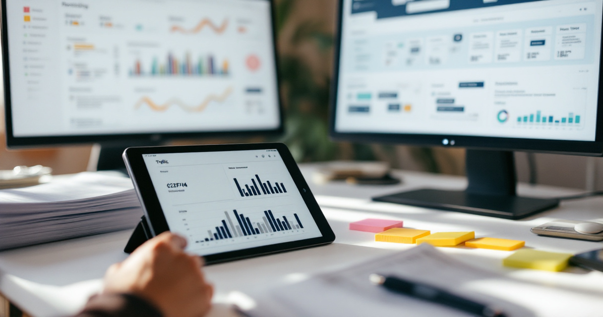 Product manager desk contrasting clean traffic reporting with deeper product decision analytics