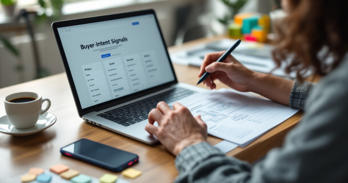 Over-the-shoulder analyst reviewing SaaS pricing page behavior with buyer-intent cues at a desk