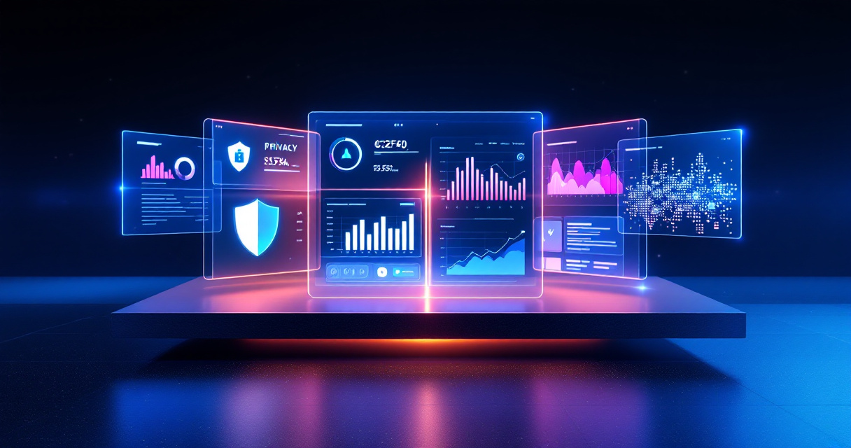 Abstract comparison of multiple web analytics dashboards with privacy‑focused data visualization elements