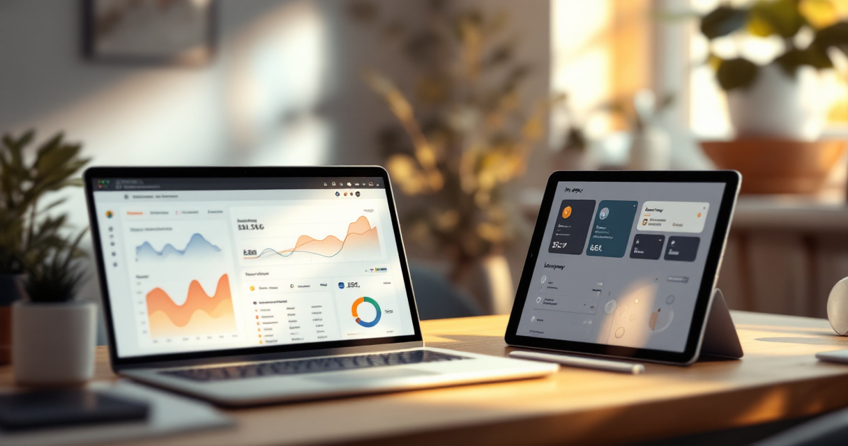 Laptop and tablet showing separate web and product analytics views with privacy accent