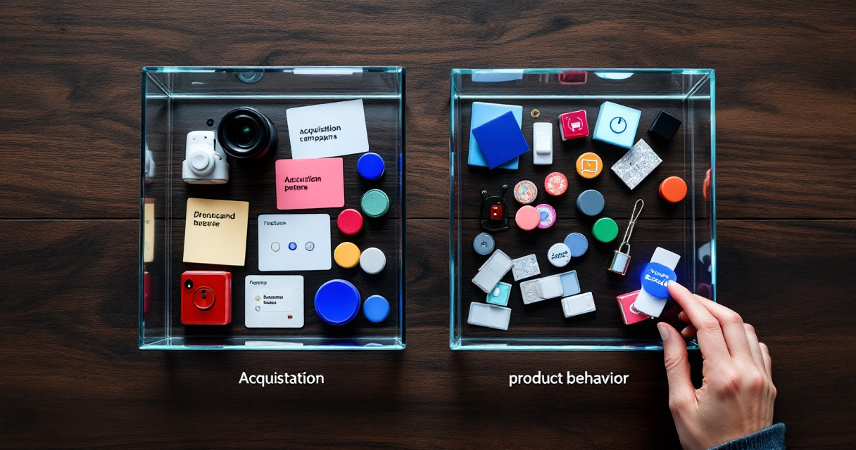 Hands sorting acquisition and in-app behavior data objects into separate analytics trays