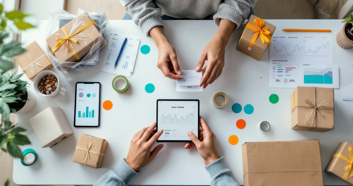 Top-down ecommerce packing scene illustrating performance measurement without tracking individual shoppers