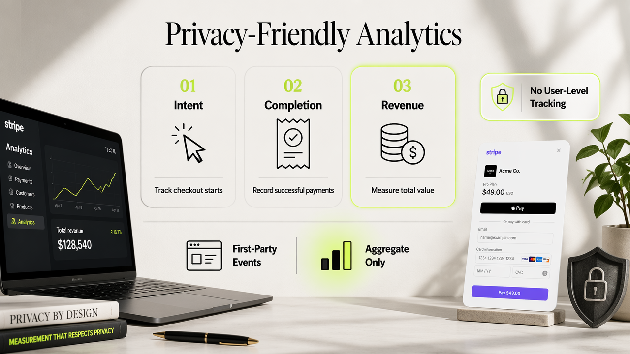 Infographic explaining privacy-friendly Stripe checkout analytics with first-party events and aggregate reporting.