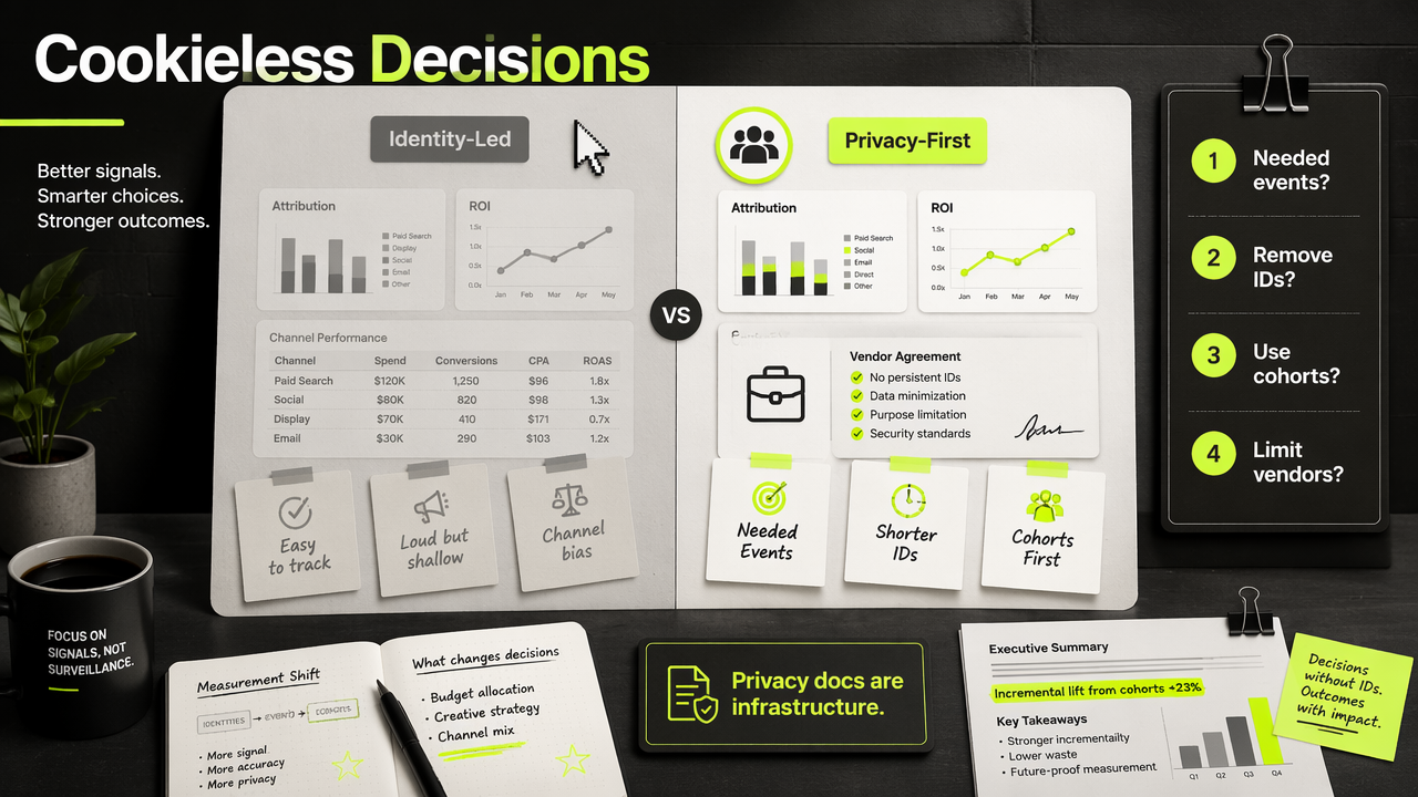 Annotated comparison of identity-led versus privacy-first cookieless marketing decisions.