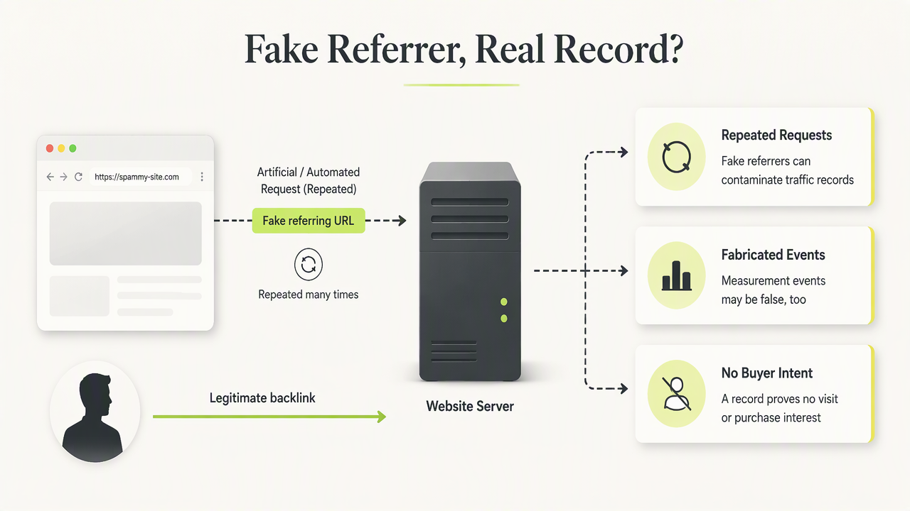 Diagram contrasting fake referral requests and fabricated events with legitimate backlink traffic and buyer intent.