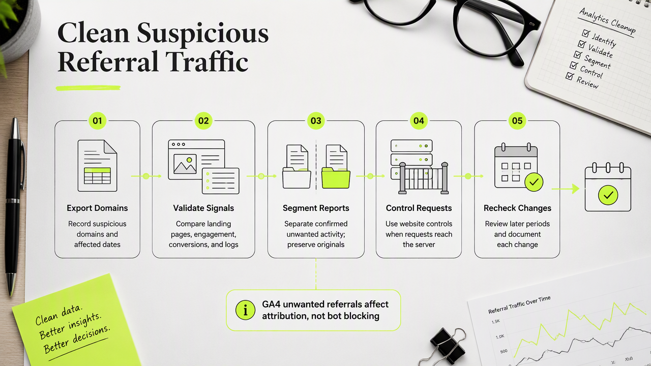 Five-step referral spam cleanup workflow for validating traffic, separating reports, blocking requests, and reviewing changes.