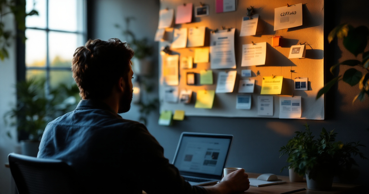 Over-the-shoulder SaaS strategist reviewing returning visitor behavior in a softly lit office