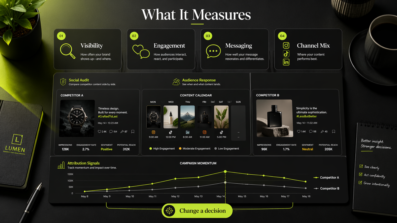 Editorial infographic showing what a rival tracker measures across visibility, engagement, messaging, and channel mix.