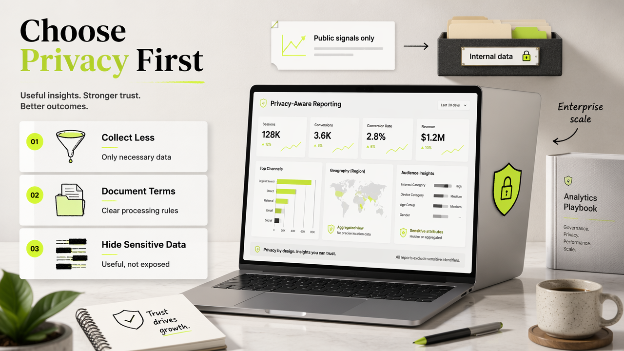 Annotated privacy-focused analytics setup with data minimization, processing terms, and redacted reporting.