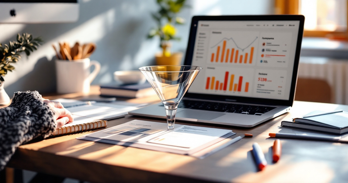 SaaS conversion benchmark analysis desk with funnel model and analytics visuals