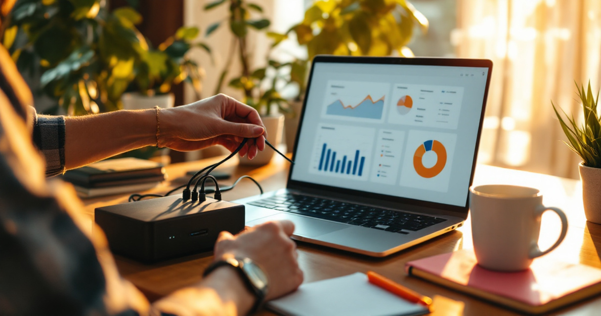 Startup founder configuring a small self hosted analytics server beside laptop with charts