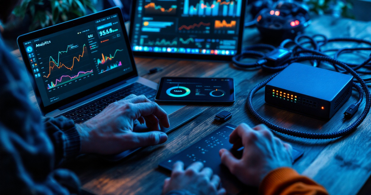 Multiple devices displaying different analytics dashboards connected to a small self hosted server