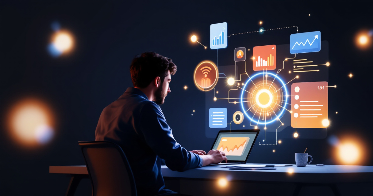 Futuristic analytics nodes connecting instantly to represent fast conversion tracking setup for marketing campaigns