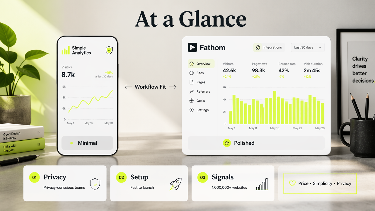 Side-by-side comparison of Simple Analytics and Fathom with workflow and positioning callouts.