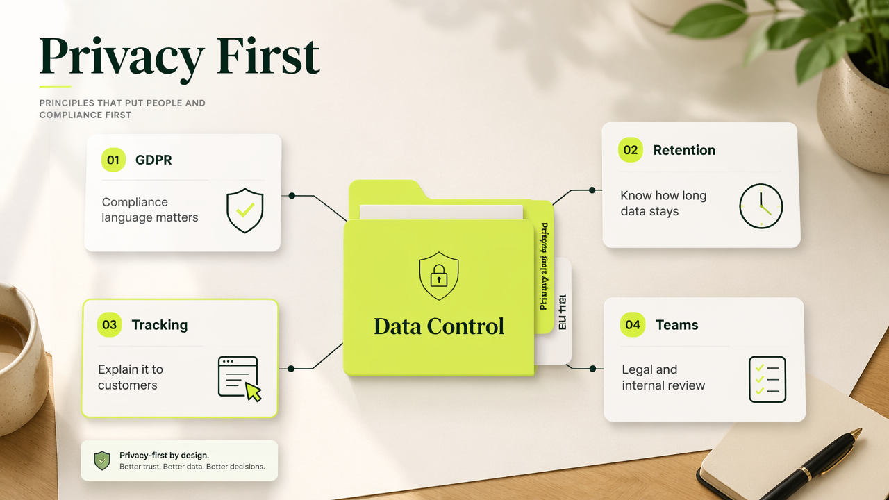 Privacy and compliance decision board showing GDPR, retention, tracking explanation, and team review.