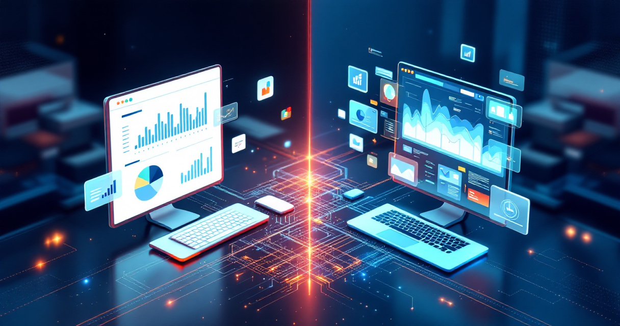 Minimal analytics interface contrasted with complex data dashboard representing two different web analytics approaches