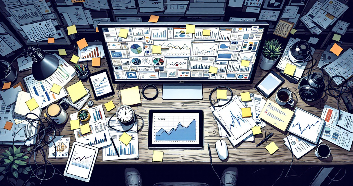 Overloaded analytics screen and messy desk illustrating confusing startup dashboard design mistakes